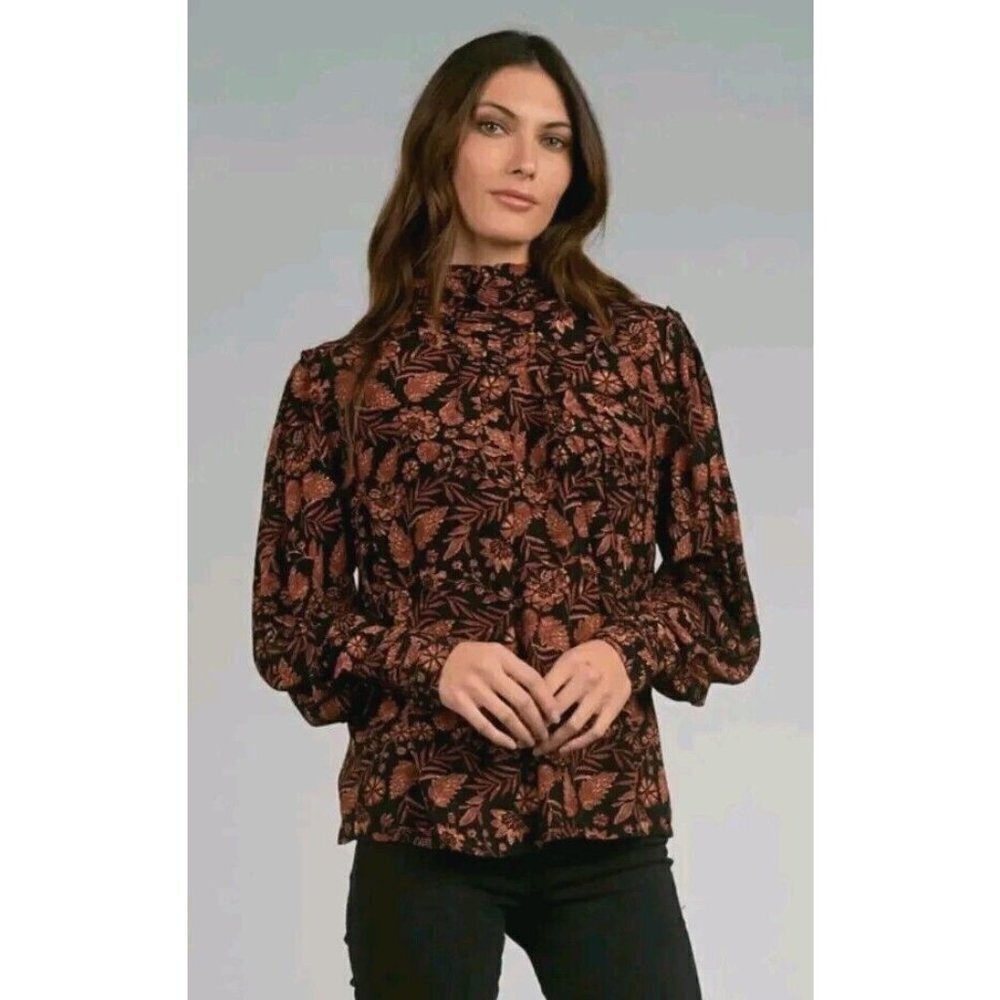 Elan Womens Black Orange Floral Print‎ Blouse Size Medium